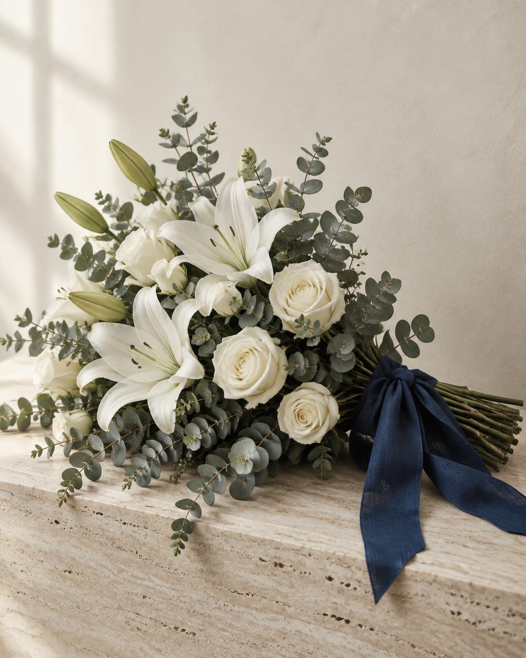 Composizione floreale di gigli e rose bianche con nastro blu istituzionale